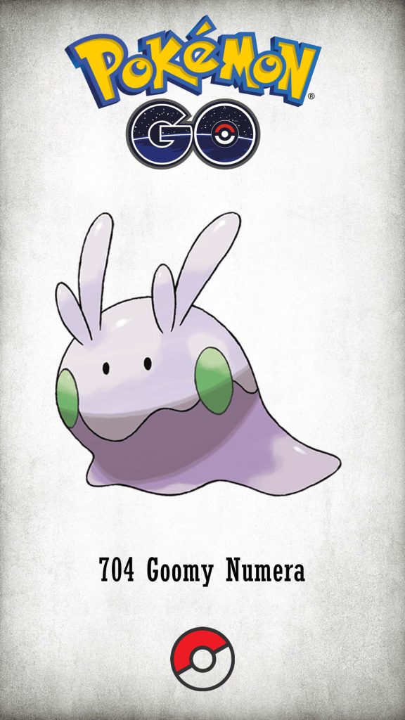Minimalist Pokémon GO wallpaper featuring cute lavender Dragon-type Goomy with Poké Ball logo