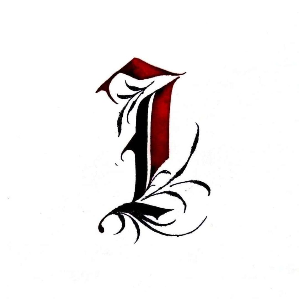 Minimalist Gothic letter I wallpaper with black calligraphy and deep red accent on white background