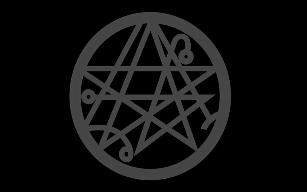Gray pentagram inside circle on black background mystical occult wallpaper with geometric design