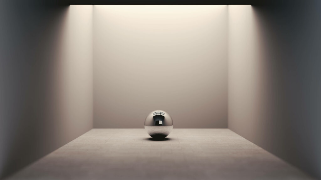 Minimalist Gray Room with Reflective Sphere 3D Desktop Wallpaper