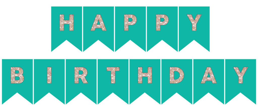 Minimalist happy birthday banner with teal swallowtail flags and rose gold glitter lettering on white Wallpaper