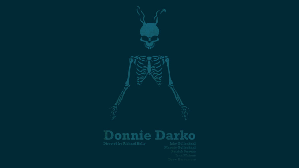 Minimalist green wallpaper of Frank the Rabbit from Donnie Darko with eerie skeletal design