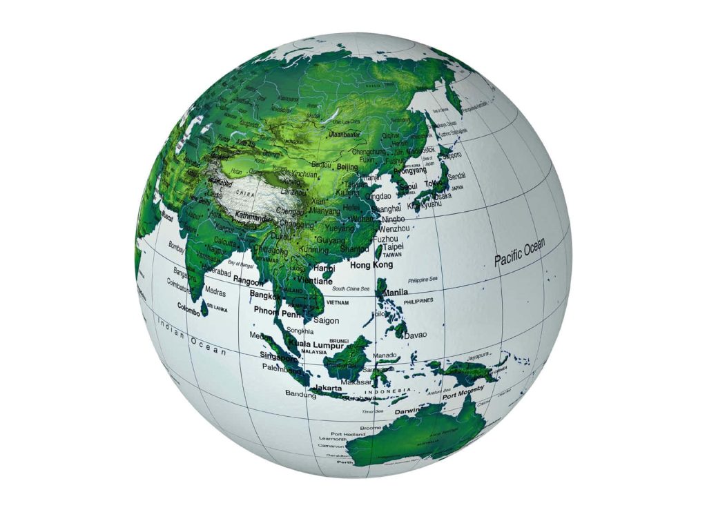 Minimalist green globe map wallpaper of Asia Australia with sharp typography on light grey ocean
