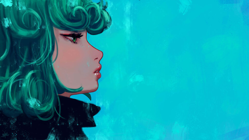 Minimalist Green-Haired Character Wallpaper on Vibrant Blue Background