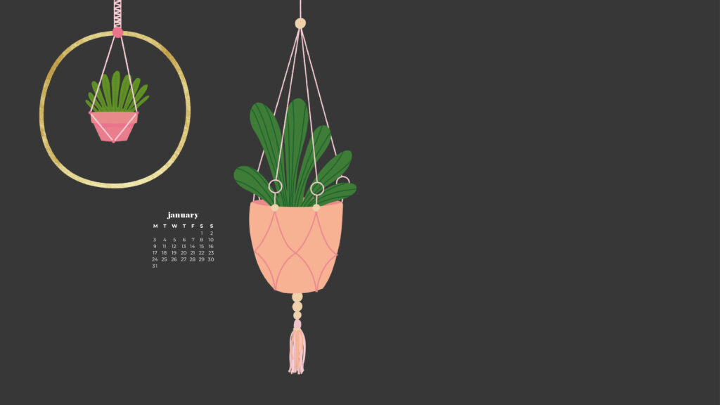 Minimalist wallpaper with green hanging plants in peach macrame holders and January 2022 calendar