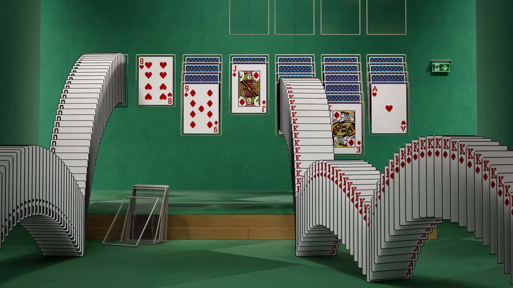 Minimalist Zoom wallpaper with vibrant green room and cascading playing cards in bridge arches