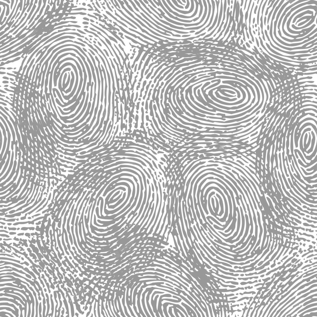 Seamless repeating fingerprint pattern with intricate grey whorls on white background wallpaper