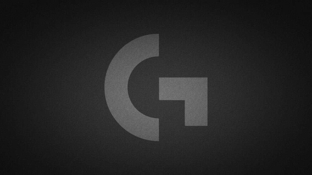 Sleek grey Logitech logo on dark textured background modern minimalist tech wallpaper design