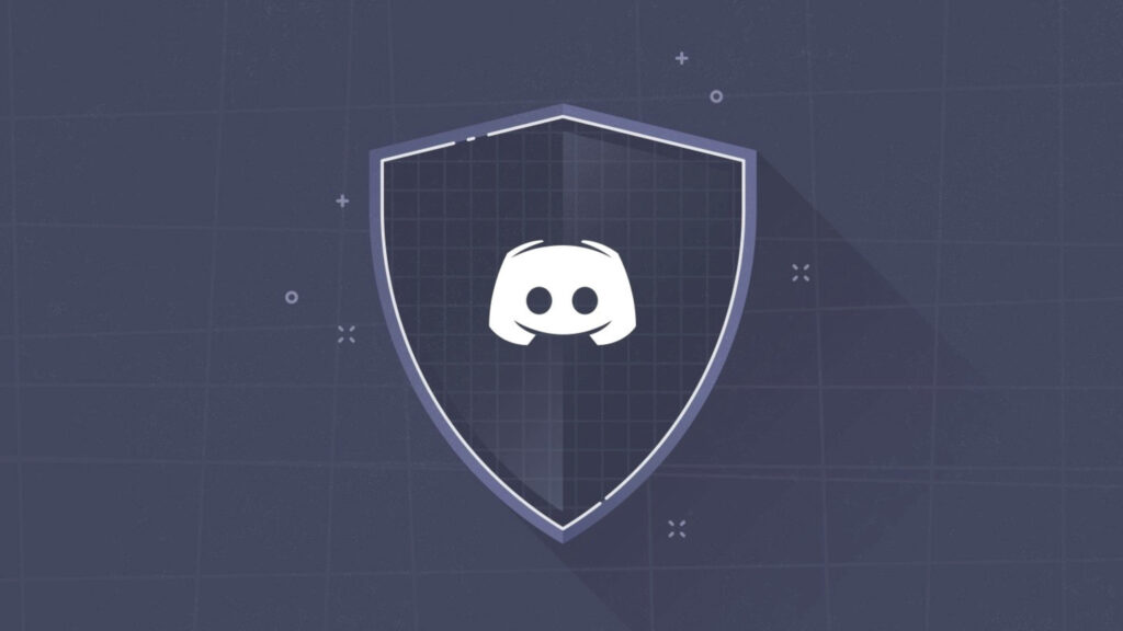 Minimalist grey shield with white Discord logo on muted blue-grey grid background wallpaper