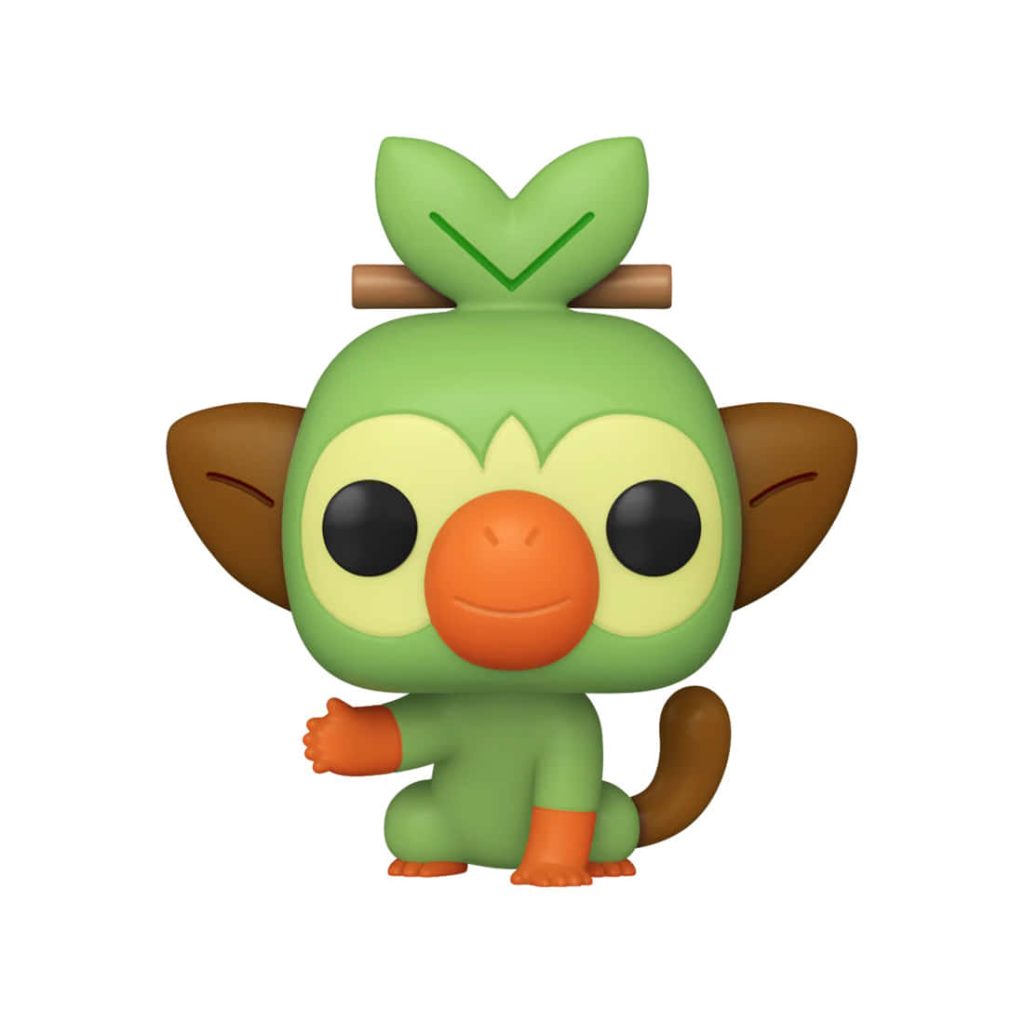 Minimalist Grookey Funko Pop wallpaper featuring vibrant green and orange Pokémon on white background