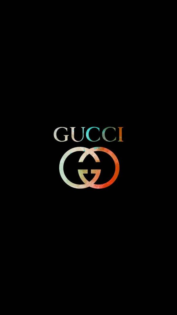 Minimalist Gucci wallpaper with vibrant multicolor gradient GG logo on sleek black background