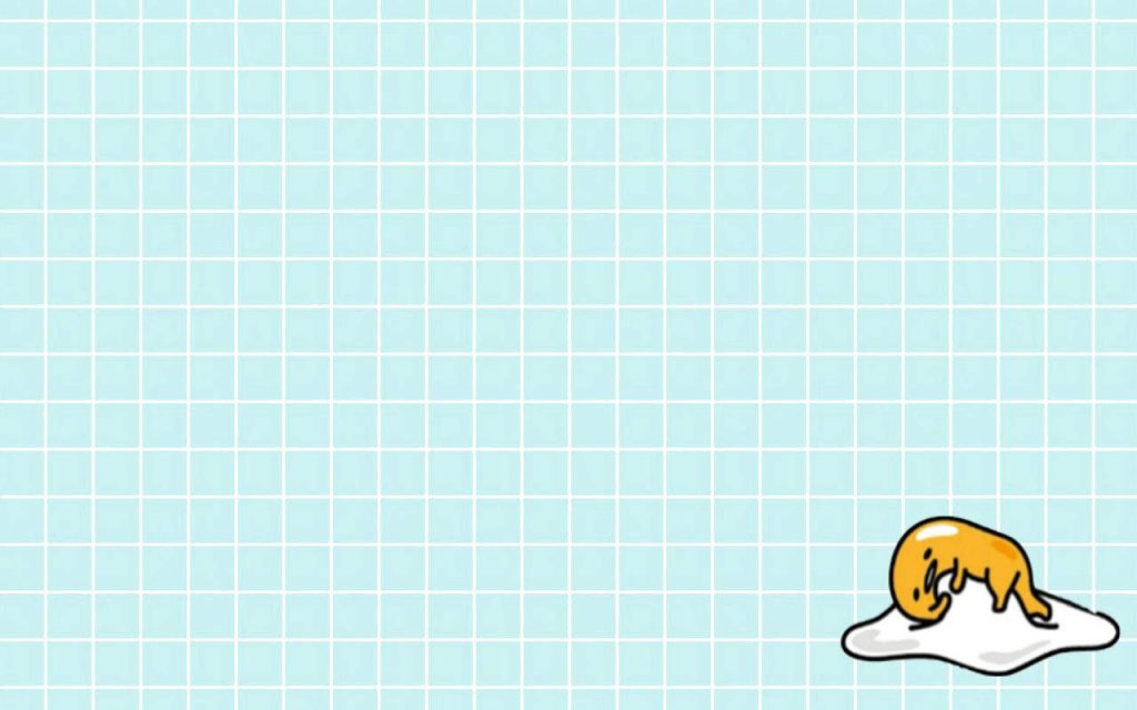 Minimalist Gudetama lazy egg on pastel blue grid background cute Sanrio wallpaper design
