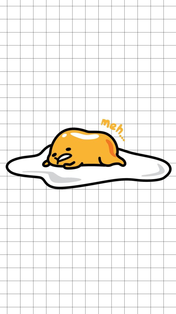 Minimalist Gudetama wallpaper with iconic Sanrio egg and meh text on white grid background