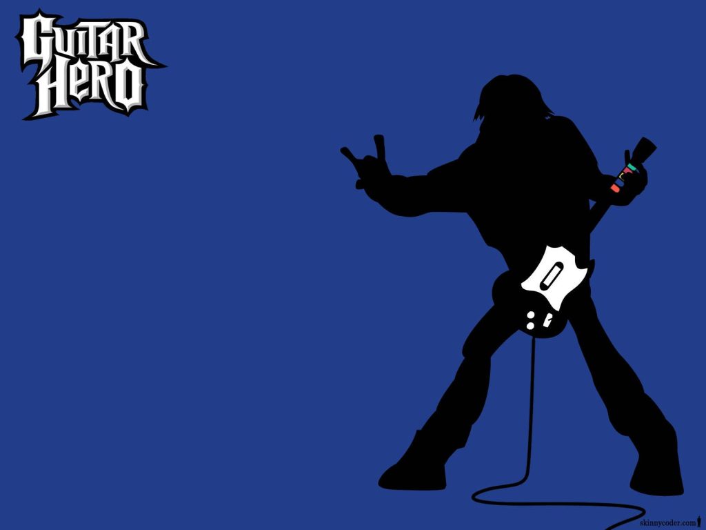 Minimalist Guitar Hero wallpaper black rocker silhouette playing guitar controller on blue background