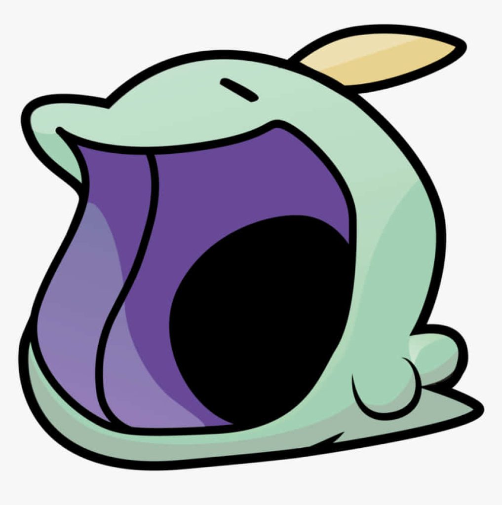Minimalist 2D digital art of Gulpin Pokémon with open mouth and yellow feather on mint green background Wallpaper