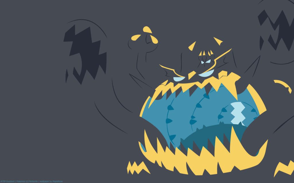 Minimalist Ultra Beast Guzzlord Pokémon wallpaper with blue core yellow teeth on dark gray background