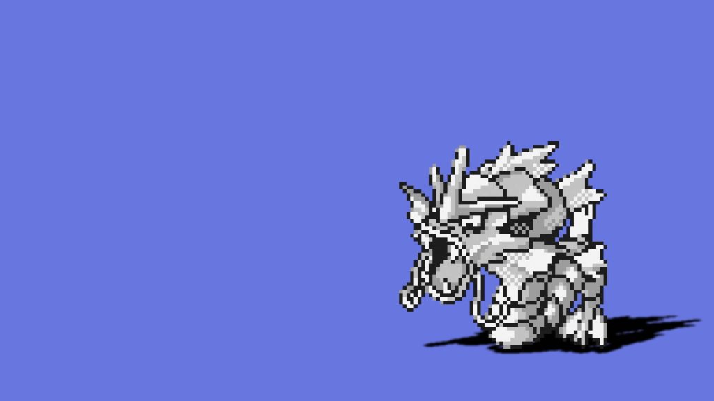 Minimalist Gyarados pixel art wallpaper retro grayscale sprite on solid blue background desktop