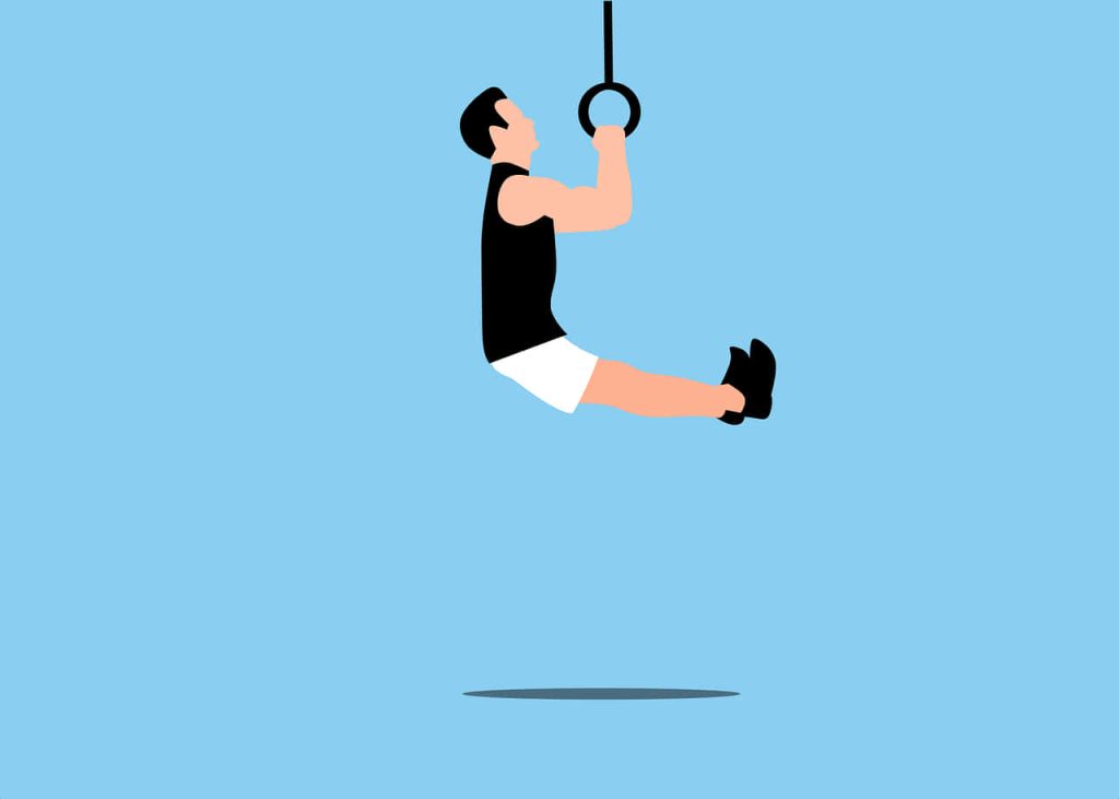 Minimalist vector of focused man exercising on gymnastic rings black tank top blue background Wallpaper