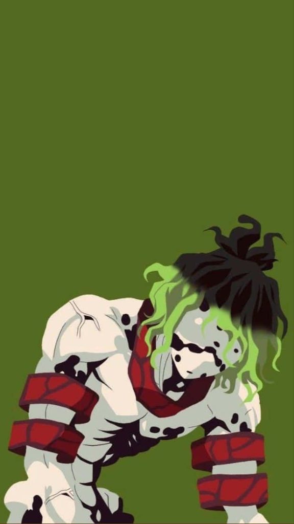 Minimalist Gyutaro Demon Slayer vector wallpaper with green hair red armbands on olive background