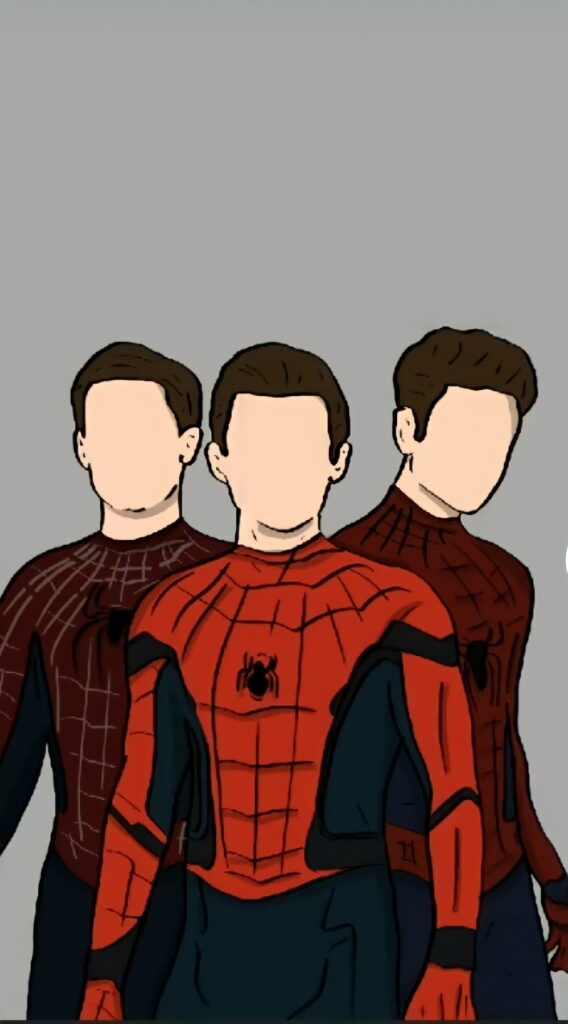 Minimalist HD phone wallpaper with three faceless Spiderman in iconic suits on plain background