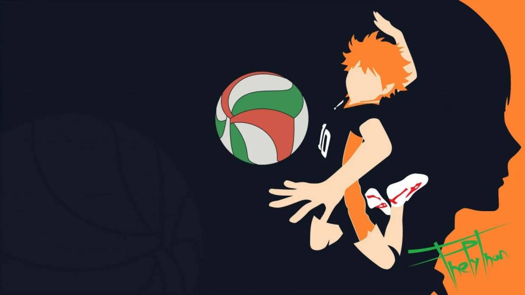 Haikyuu wallpaper Shoyo Hinata mid-air spike Karasuno uniform navy orange split background