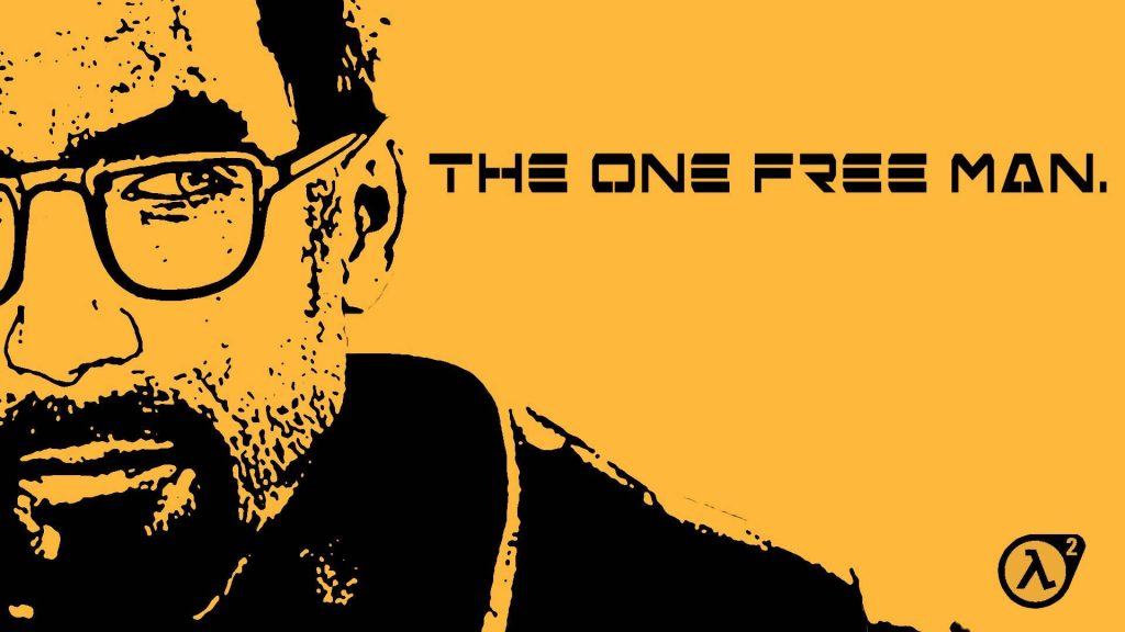 Minimalist Half-Life 2 wallpaper with Gordon Freeman silhouette orange background lambda logo