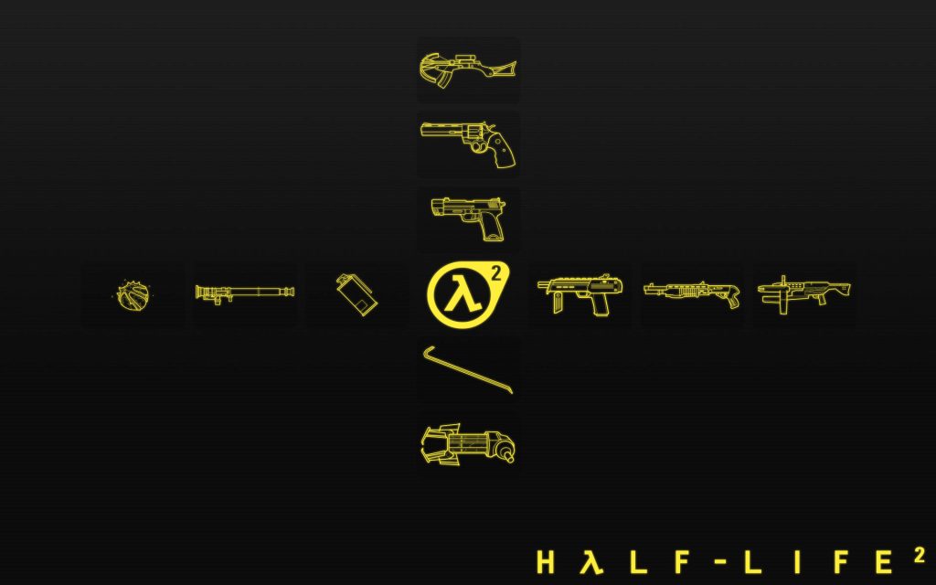 Minimalist Half-Life 2 weapon inventory wallpaper with yellow vector icons around Lambda logo