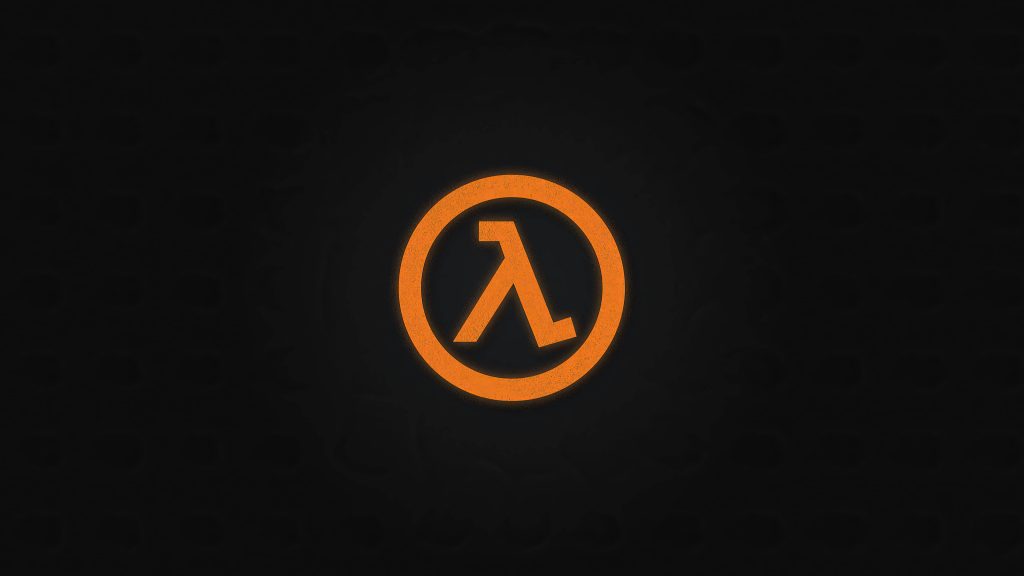 Minimalist Half-Life wallpaper with orange Lambda logo on dark textured background gaming design