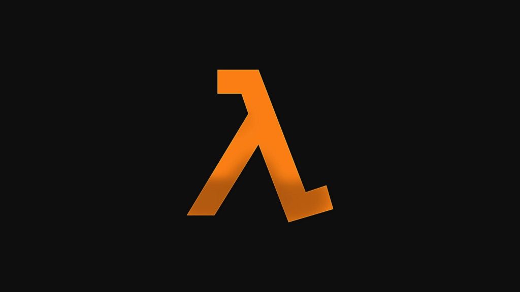 Minimalist Half-Life wallpaper with orange Lambda logo on black background for gamers desktop
