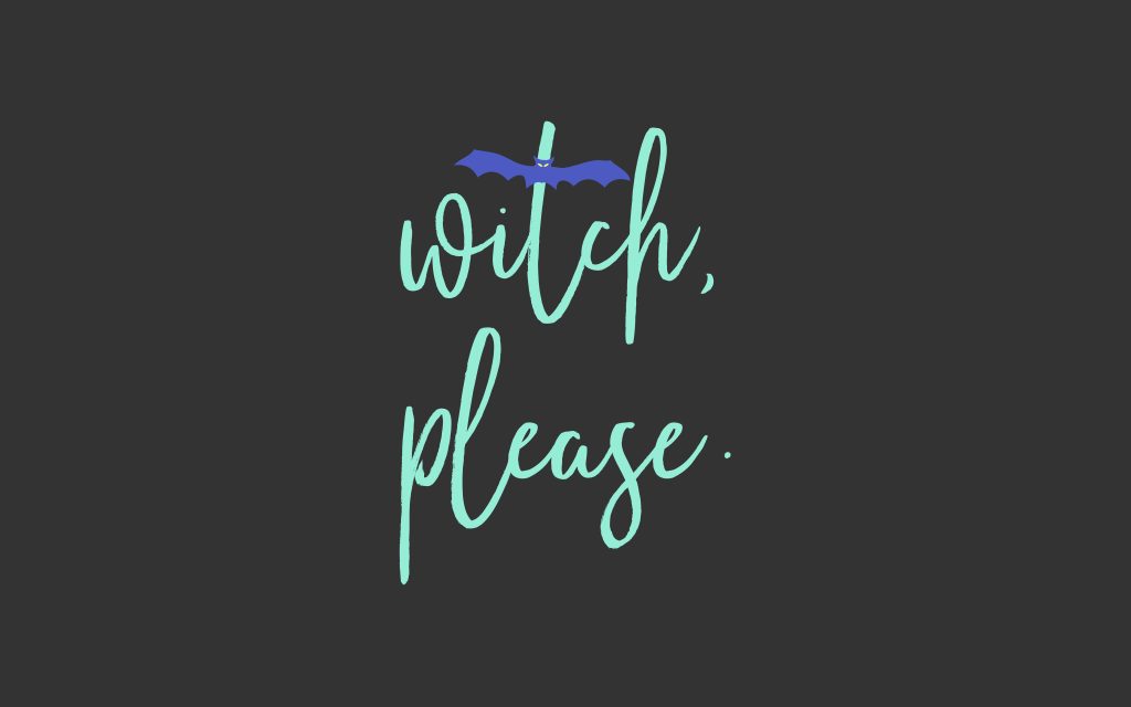 Minimalist Halloween laptop wallpaper with witch please teal script and purple bat on dark gray