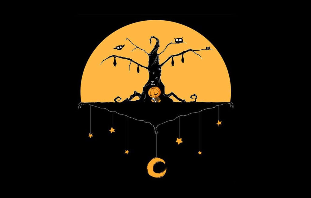 Eerie Halloween Tree Wallpaper: Minimalist Orange Moon Background