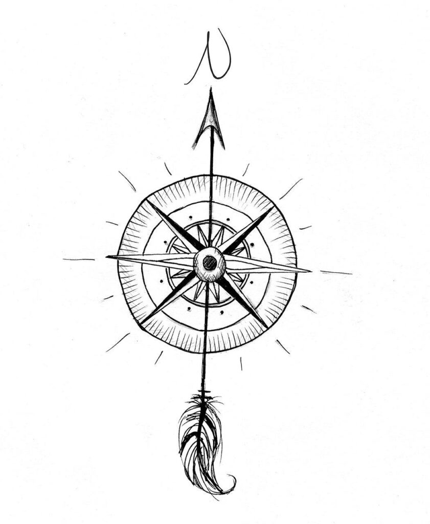 Minimalist black and white compass wallpaper with hand-drawn arrow and delicate feather details