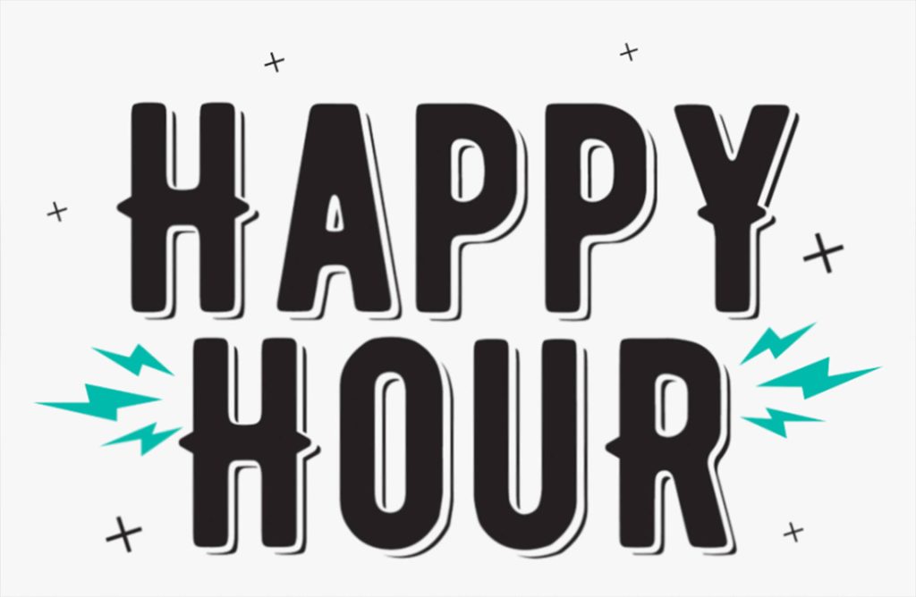Minimalist happy hour wallpaper with bold black text turquoise lightning bolts and plus symbols