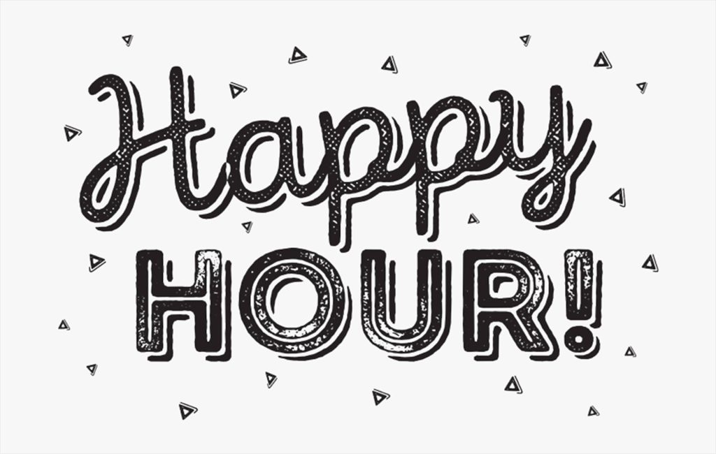 Monochrome Happy Hour wallpaper with bold hand-lettered text and scattered geometric triangles