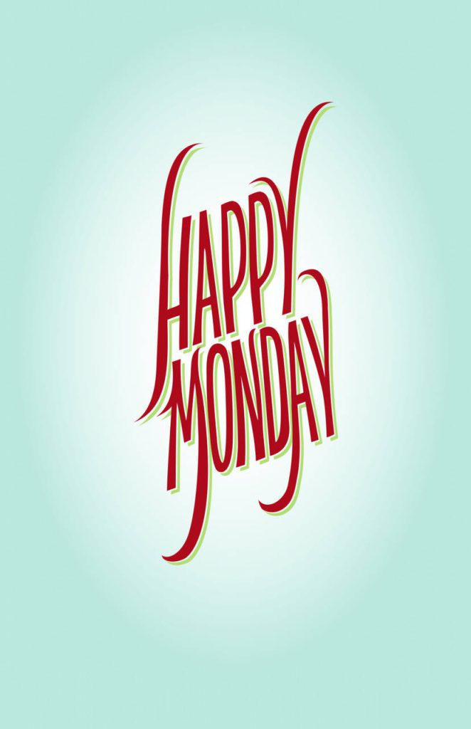 Minimalist Happy Monday wallpaper with red vertical text and mint gradient background design