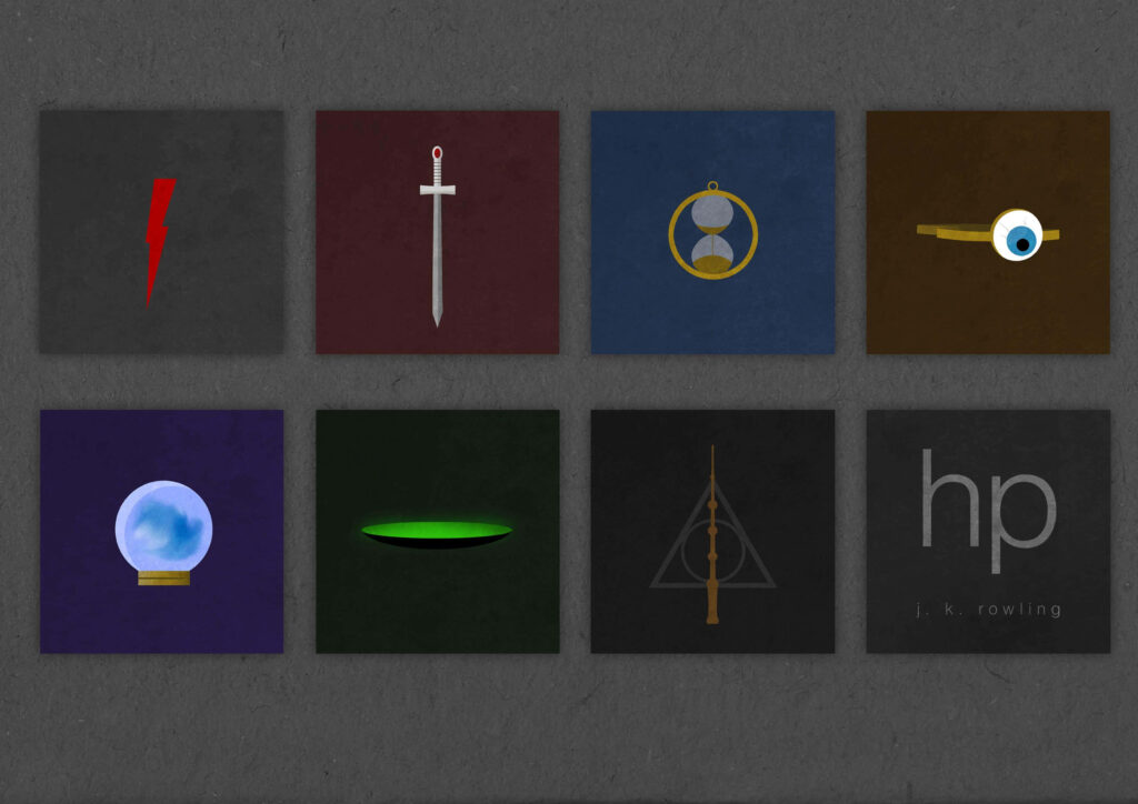 Minimalist Harry Potter Icons Wallpaper on Textured Gray Background