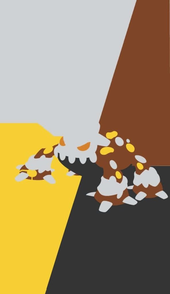 Minimalist Heatran Pokémon wallpaper with bold yellow gray dark brown abstract silhouette design