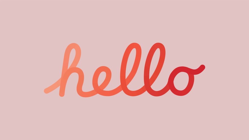 Minimalist hello wallpaper with orange to red cursive script on soft pale pink background design