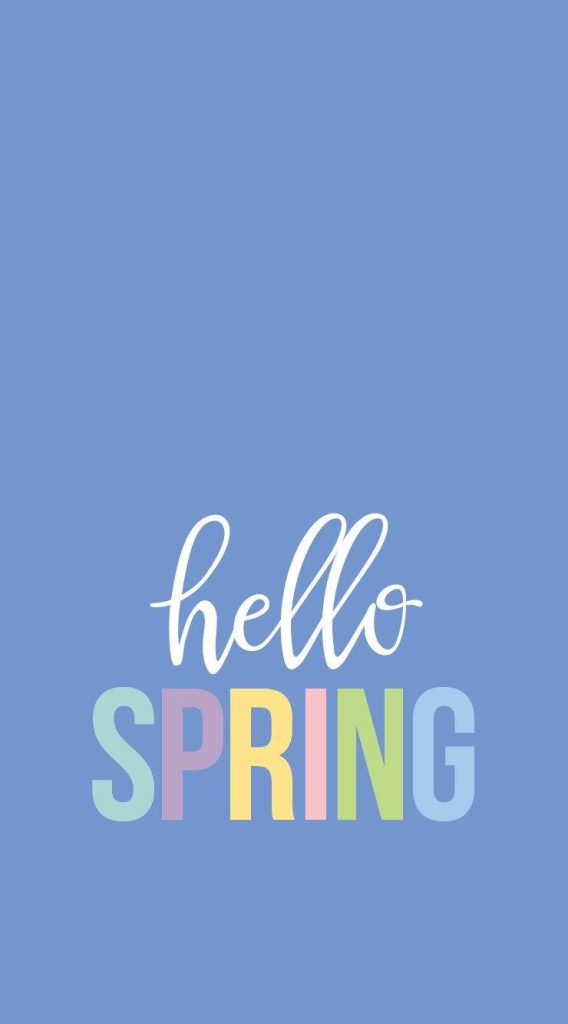Minimalist digital wallpaper with hello SPRING text on calming periwinkle blue background