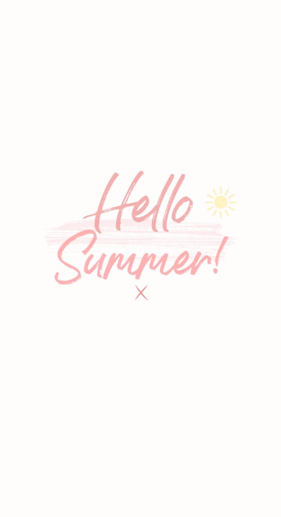 Minimalist Hello Summer wallpaper with pink cursive text yellow sun and brushstroke on white background