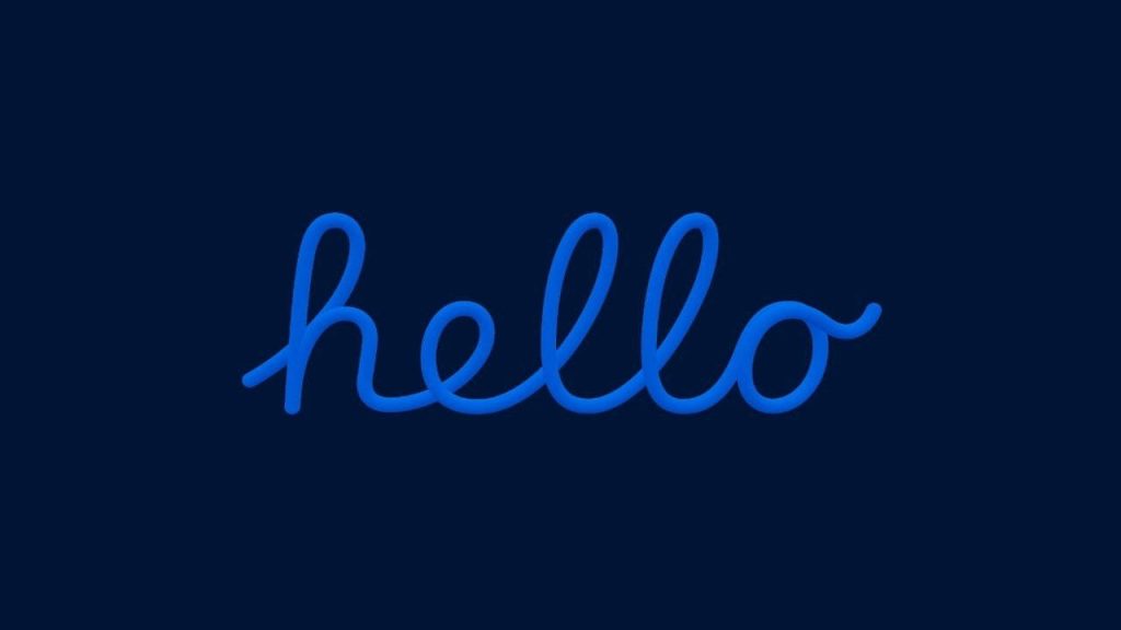 Minimalist hello wallpaper with bright blue handwritten text on dark navy 3D background