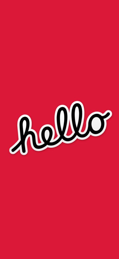 Minimalist digital wallpaper with black cursive hello on vibrant red background white outline