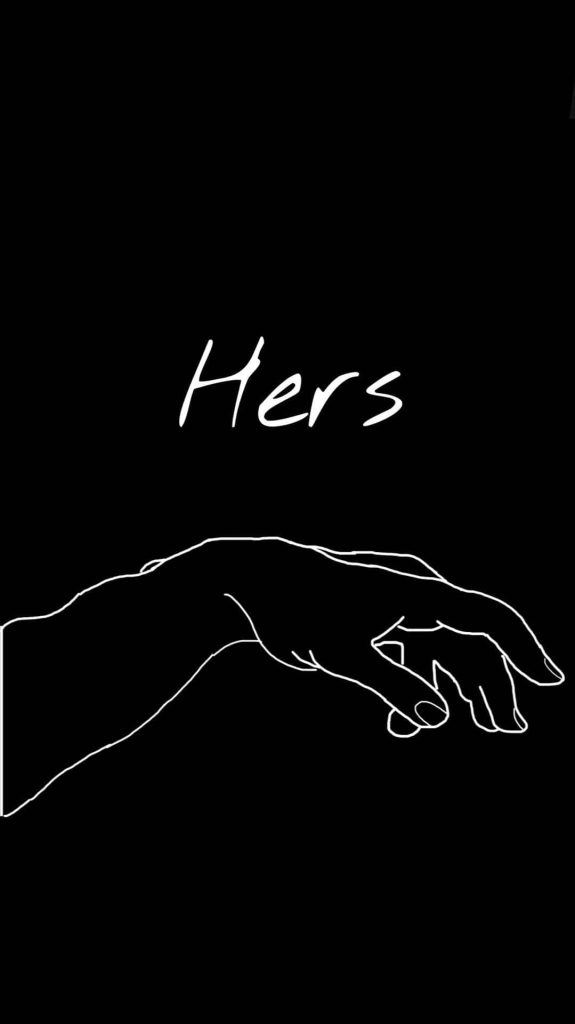 Minimalist black wallpaper with white hand line art and delicate Hers script for couples