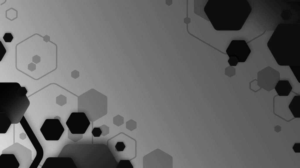 Minimalist abstract wallpaper with floating black and grey hexagons on a grayscale gradient background