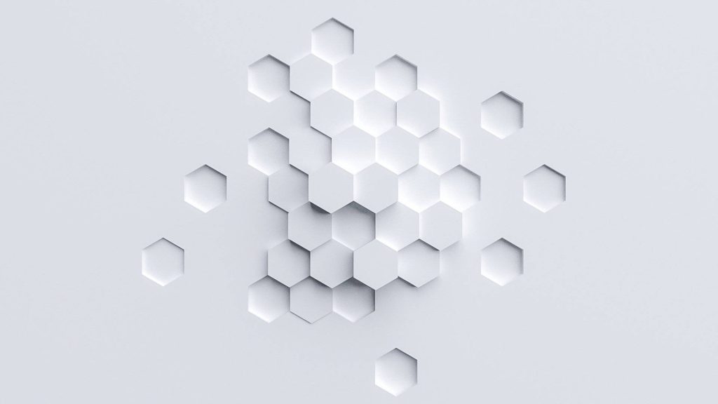 Minimalist white hexagonal wall engraving wallpaper with 3D depth and soft shadows background