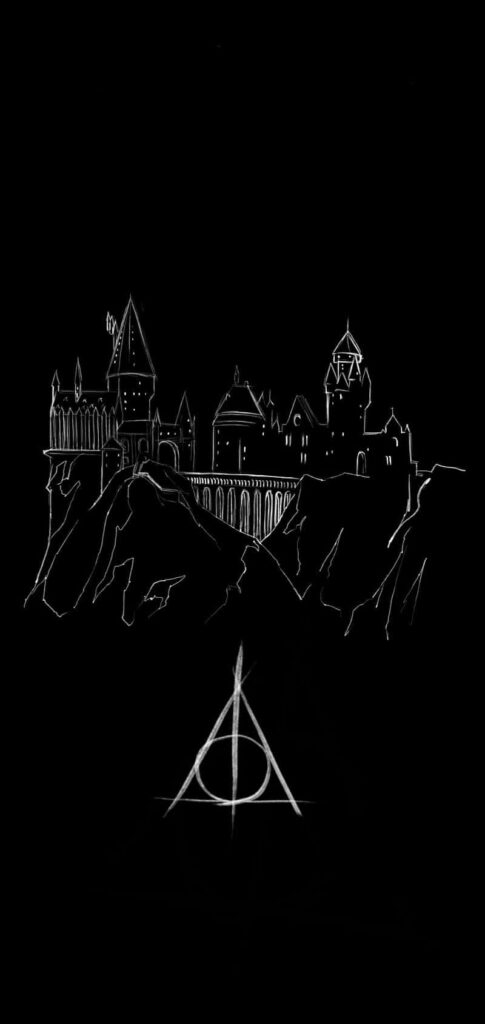 Minimalist Hogwarts Castle Art with Deathly Hallows on Black Background Wallpaper