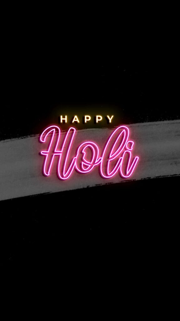 Minimalist Holi wallpaper with glowing pink neon text and yellow Happy on black background spring festival