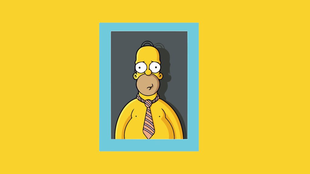 Minimalist digital portrait of Homer Simpson in blue frame on vibrant yellow background wallpaper