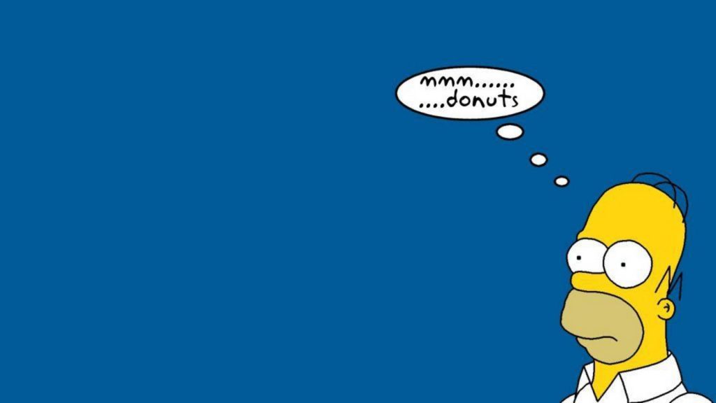 Minimalist Homer Simpson wallpaper with mmm donuts speech bubble on solid blue background