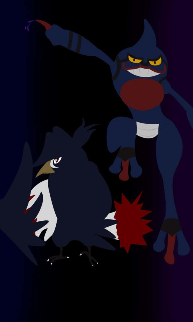 Minimalist vector wallpaper of Honchkrow and Toxicroak with dark moody background design